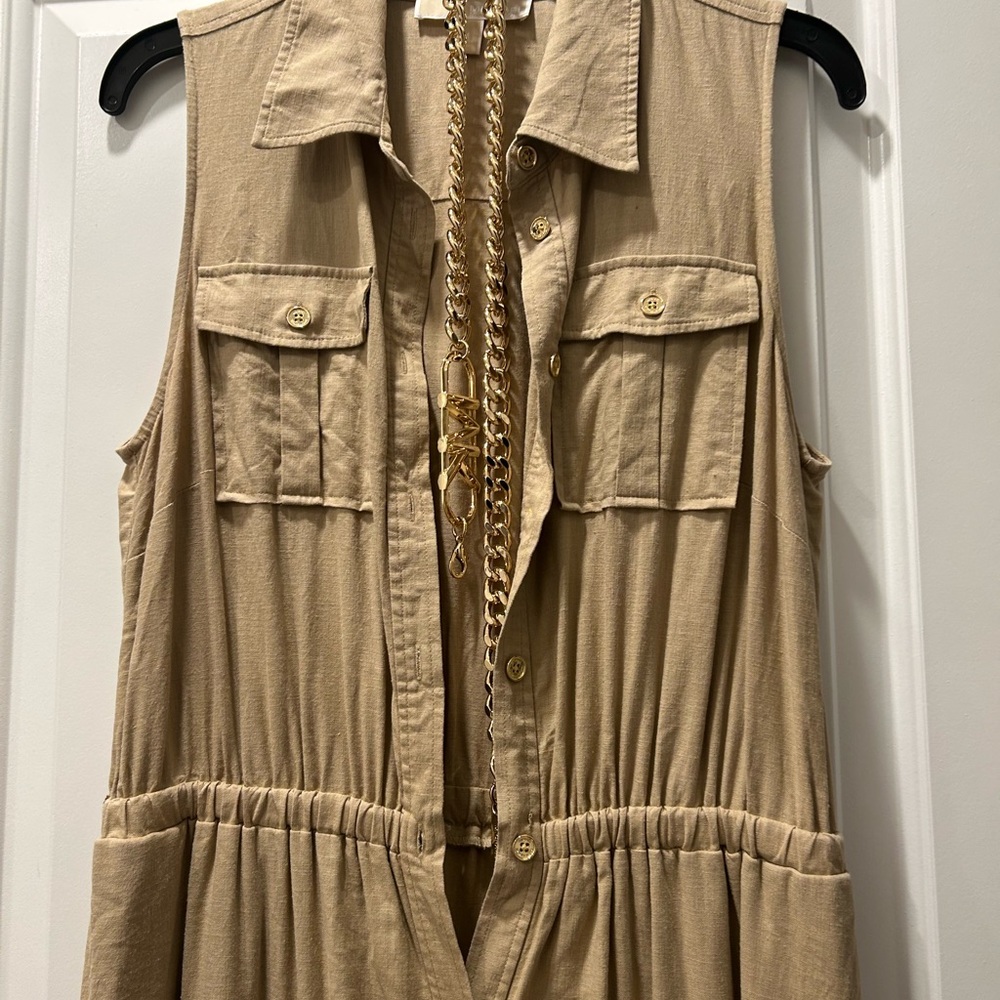 Michael Kors Beige Button-Up Dress with Gold Accents